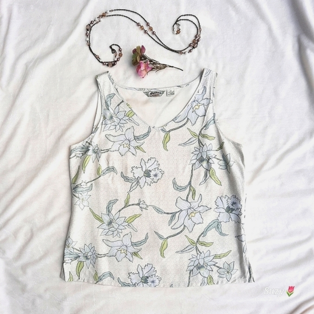 TOMMY BAHAMA 100% Silk Floral V-Neck Sleeveless Blouse, Lined